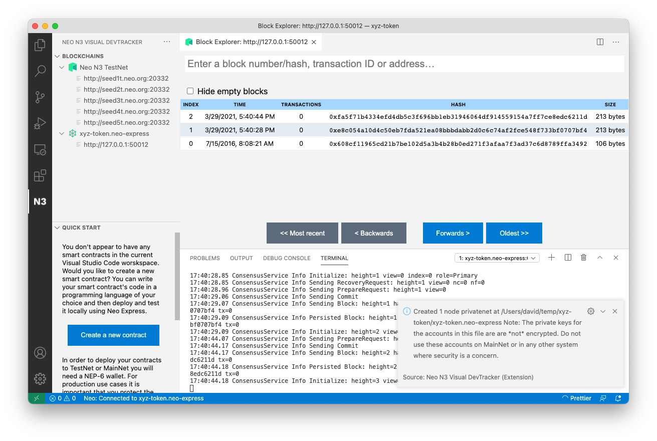 VS Code window with a running blockchain