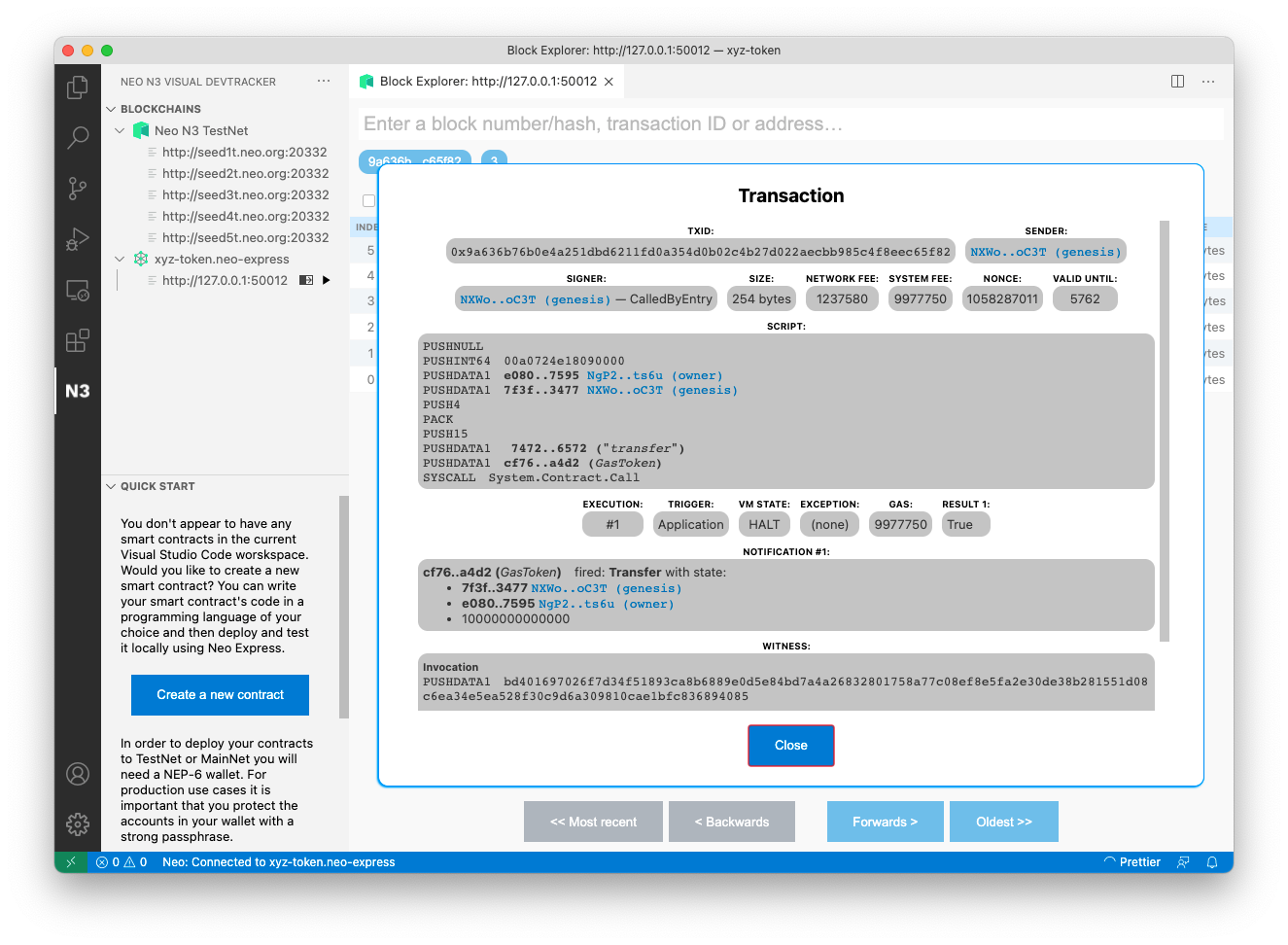 VS Code window showing transaction details