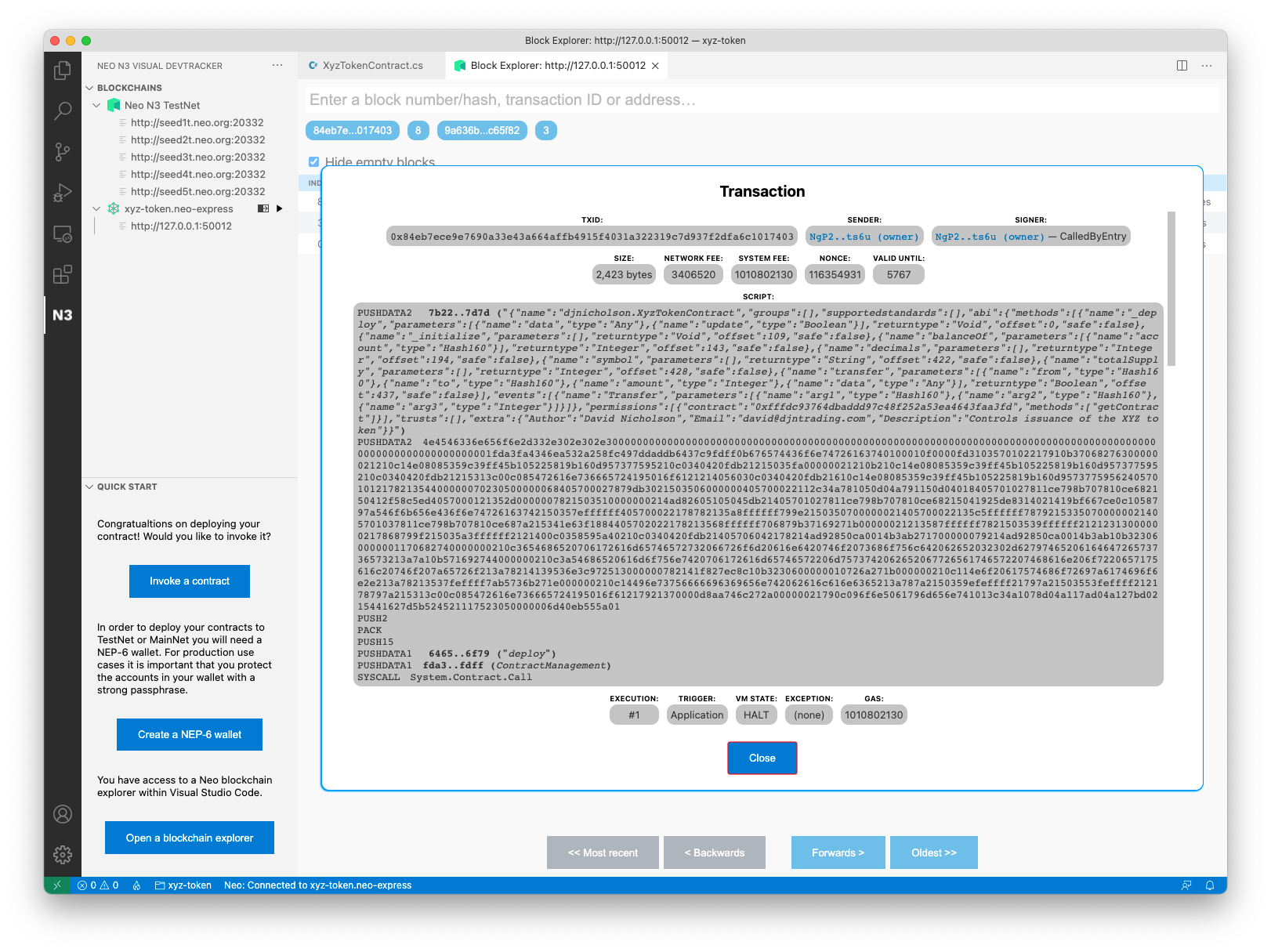 Deployment transaction showing within VS Code