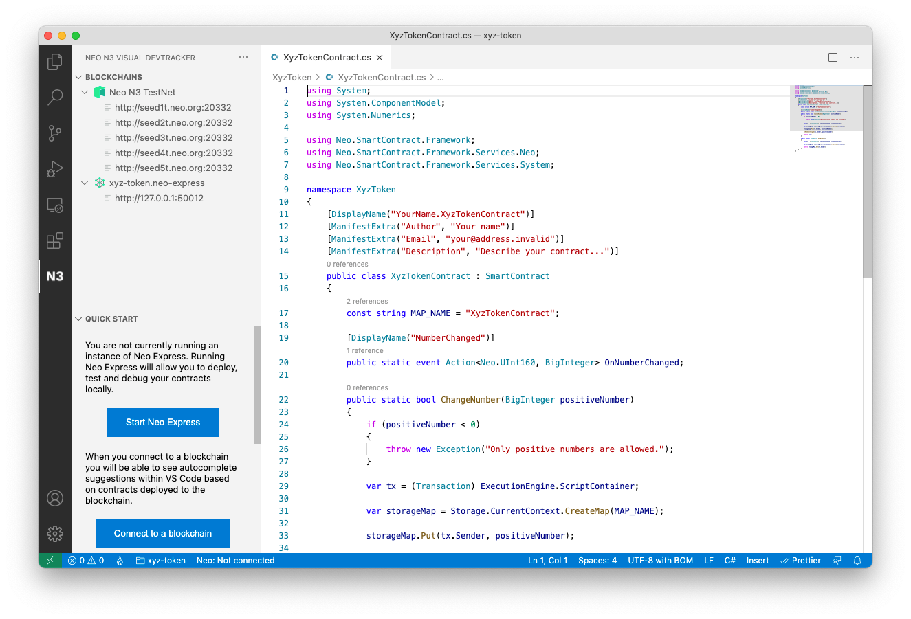 VS Code window with sample contract code opened