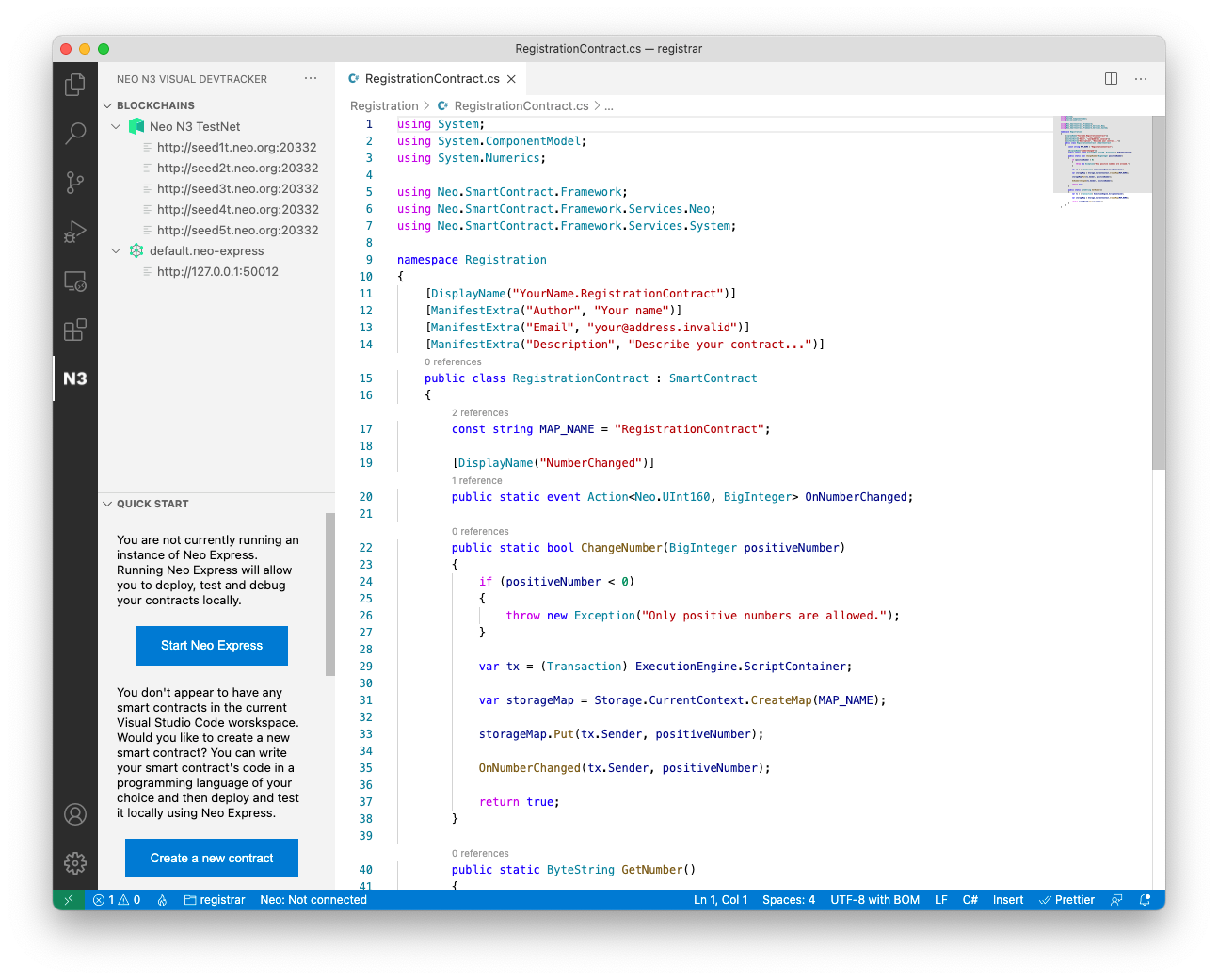 VS Code window with sample contract code opened